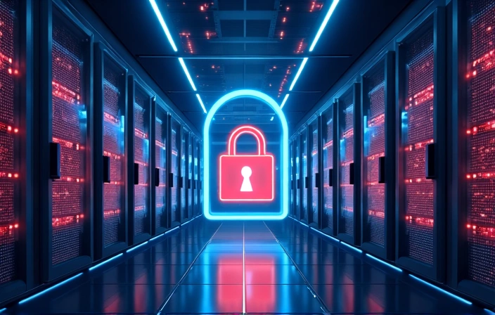 Centro de datos seguro con servidores y candados