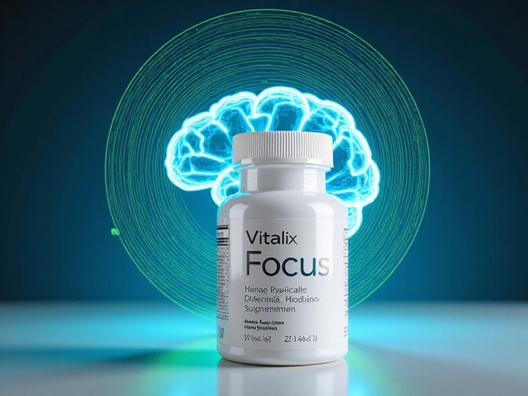 Frasco de Vitalix Focus con un cerebro estilizado y ondas de concentración