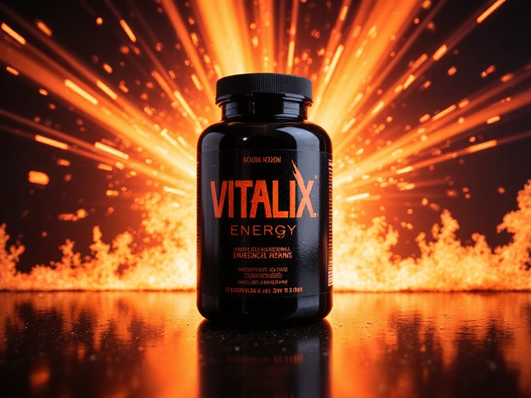 Frasco de Vitalix Energy con una explosión de energía al fondo