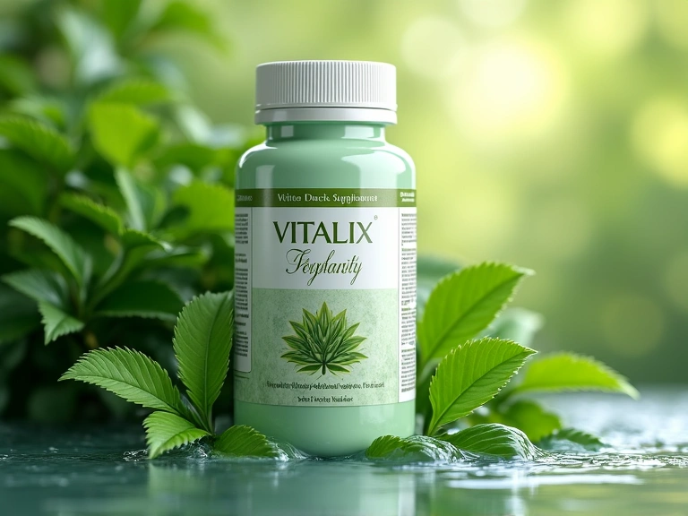 Frasco de Vitalix Vitality con plantas y elementos naturales
