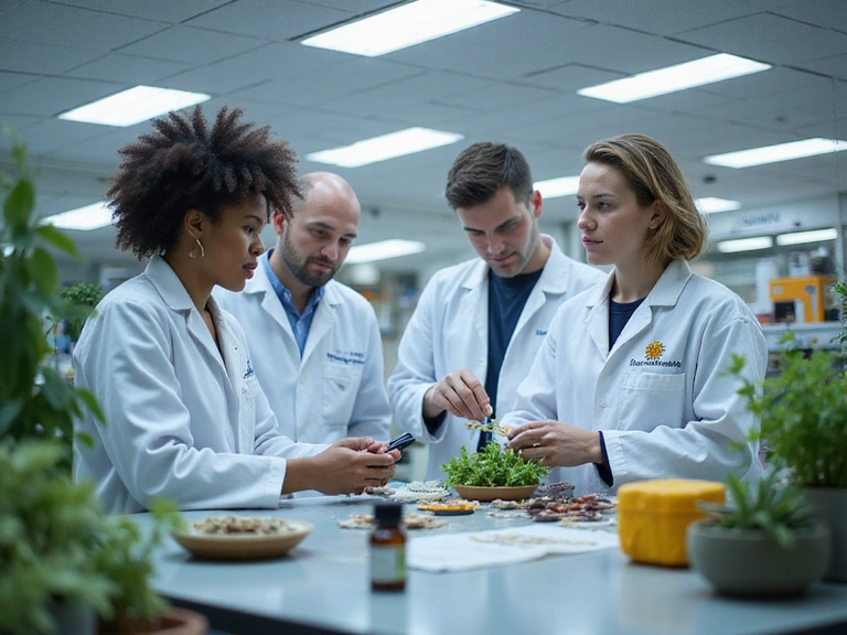 Imagen de científicos trabajando en un laboratorio con plantas y equipos de alta tecnología.