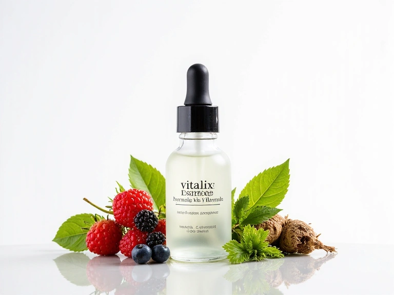 Imagen de un frasco de Vitalix Essence con ingredientes naturales.