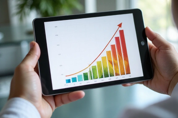 Mano sosteniendo una tableta con un gráfico de crecimiento positivo