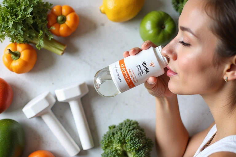 Persona bebiendo agua con un suplemento, rodeada de frutas y pesas